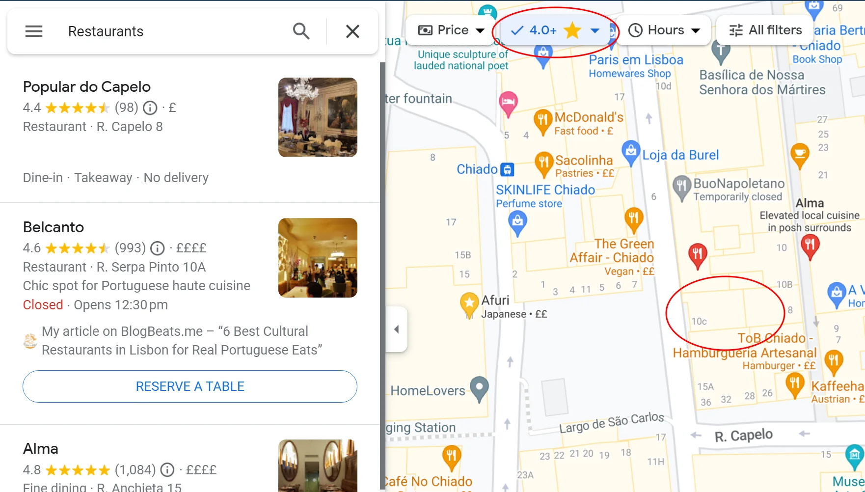 Google Maps a mostrar restaurantes próximos no telemóvel